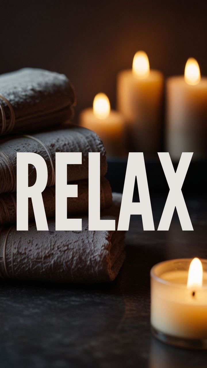 Tuala spa dan lilin dengan tulisan Relax